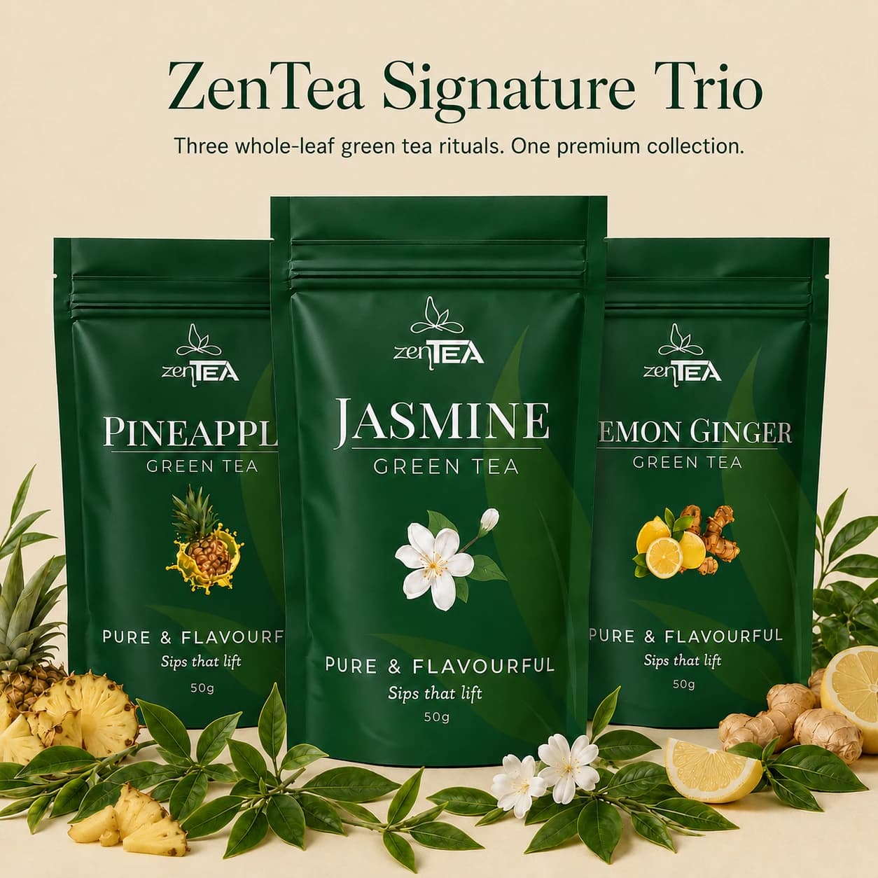 ZenTea Signature Trio with Pineapple, Jasmine, and Lemon Ginger green tea packs